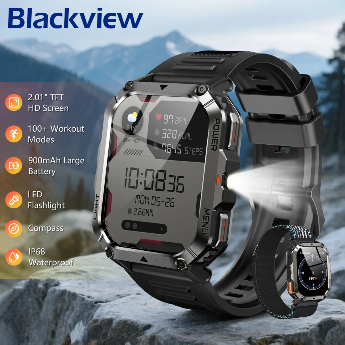 Blackview 2025 New Outdoor Smartwatch 900mAh W70 Pro 2.01'' TFT HD Screen Waterproof Men Watches with Emergency Lighting Compass - Image 1